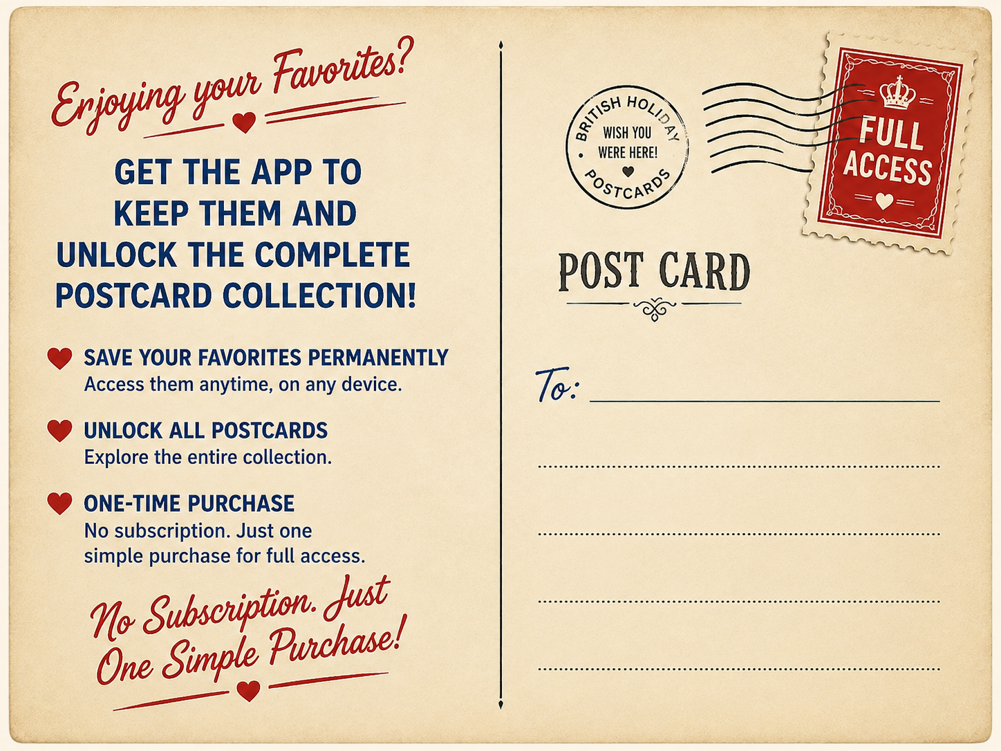 British Holiday Postcards Full Access: unlock the complete collection and keep your favorites